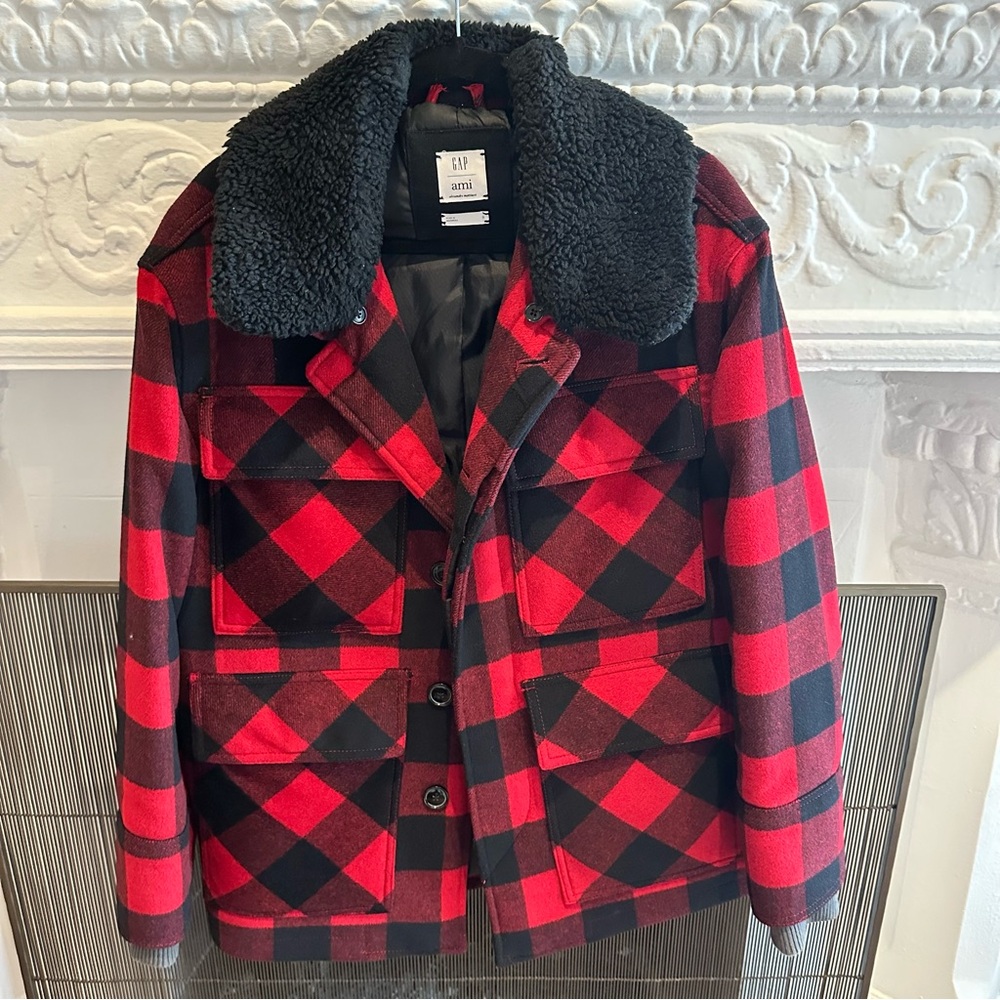 Red and Black Plaid Jacket with Faux Fur Collar